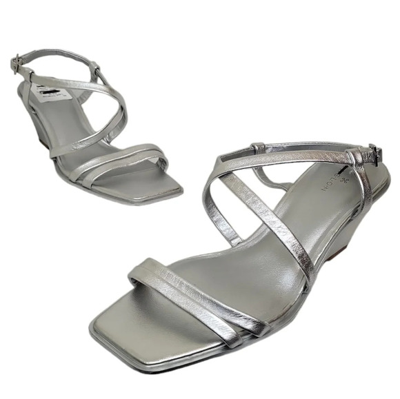 Caslon Sandals Womens Silver Leather Paola Open Square Toe Wedges - Picture 1 of 6